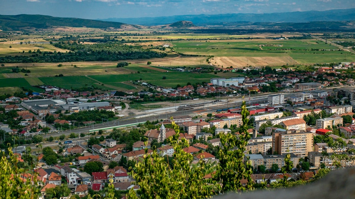 a view of a small town from a hill